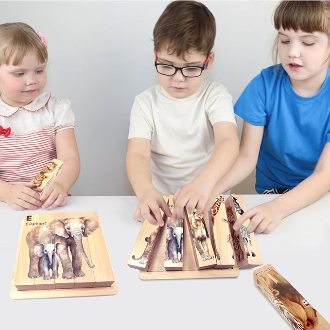 Wooden Puzzles for Toddlers, Montessori Toys, 4 in 1 Wooden Animal Puzzle Toy, Wood Block Puzzle with Durable Base, Preschool Learning Educational Toys for Kids & Toddlers