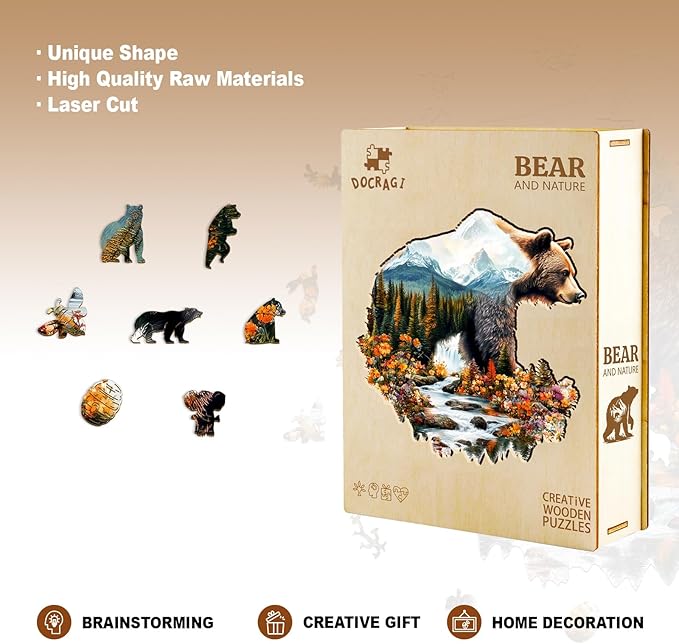 Wooden Puzzles for Adults - Bear and Nature Wooden Jigsaw Puzzle - Unique Animal Shaped Wood Puzzles Adult - Christmas Birthday Gifts for Adults/Friends/Family - 85pcs 8.4 * 8.5in