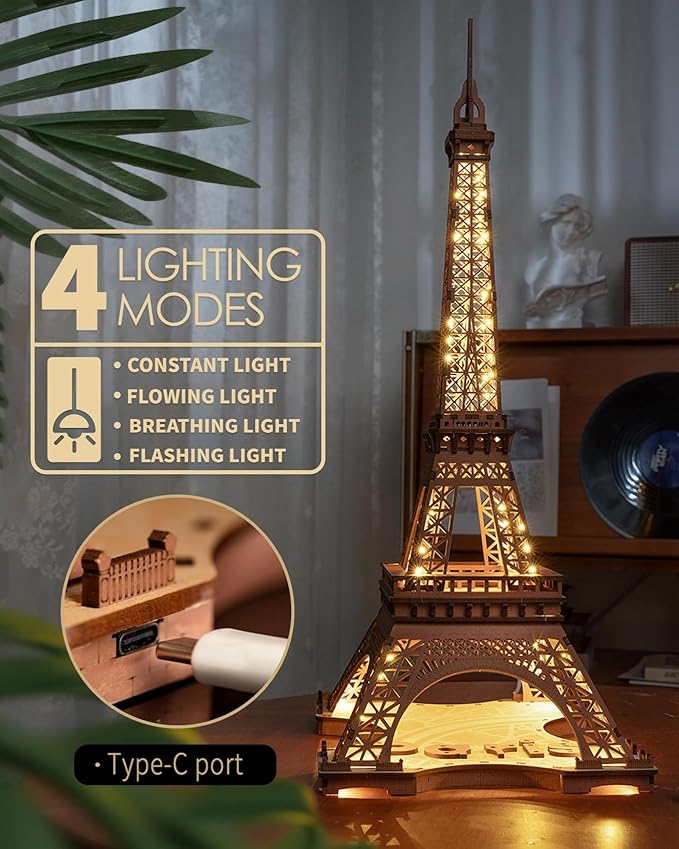 Rolife 3D Wooden Puzzles for Adults, Large Eiffel Tower Set-LED Model Building Sets, Paris Architecture Kits as Home Decor Gift Ideas for Women and Men.