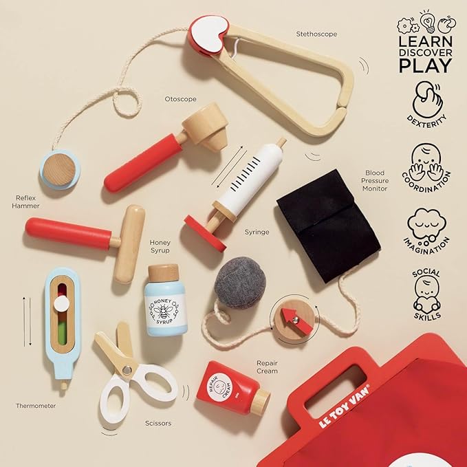 Le Toy Van - Kids Wooden Educational Pretend Play Honeybake Doctor's Medical Play Set Kit | Kids Pretend Play Role Play For Boys And Girls | 3 Year Old +, 8.66" x 5.70" x 5.90" (TV292)