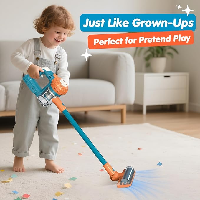 3-in-1 Kids Vacuum That Really Works – Working Toddler Vacuum Cleaner with Real Suction, Montessori Pretend Play Cleaning Toy Gift Set for Boys and Girls Ages 3+