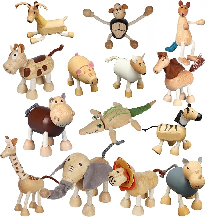 14 Pack Bendable Wooden Animal Toys, Smooth Natural Wood Zoo Farm Jungle Safari Animals Figures, Preschool Learning & Education Toys for Toddlers Kids