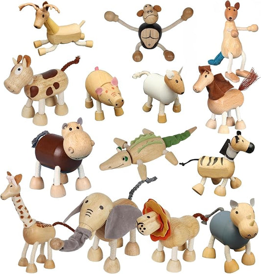 14 Pack Bendable Wooden Animal Toys, Smooth Natural Wood Zoo Farm Jungle Safari Animals Figures, Preschool Learning & Education Toys for Toddlers Kids