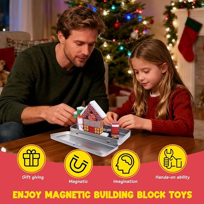 Magnetic Blocks Travel Toys Set - 35PCS Magnetic Cubes Magnet Tiles for Kids Ages 3+, Educational STME Christmas Tree ‌Sensory Game with Box - Christmas Birthday Gifts Boys and Girls