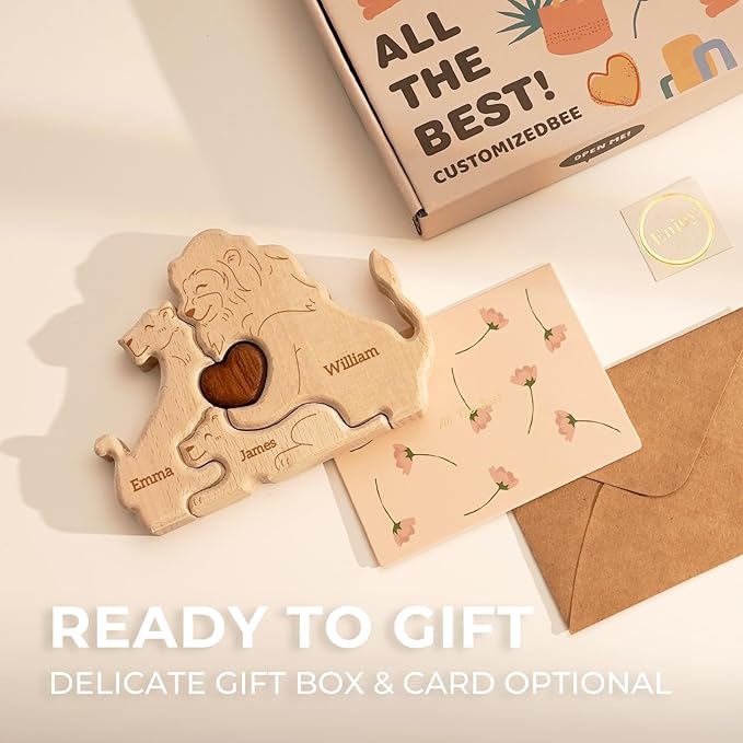 Wooden Lion Family Puzzle, Personalized Puzzles with 2-5 Names, Mothers Day Birthday Gifts for Women Men, Customized Home Decor Housewarming Gifts for Parents Couple Friends