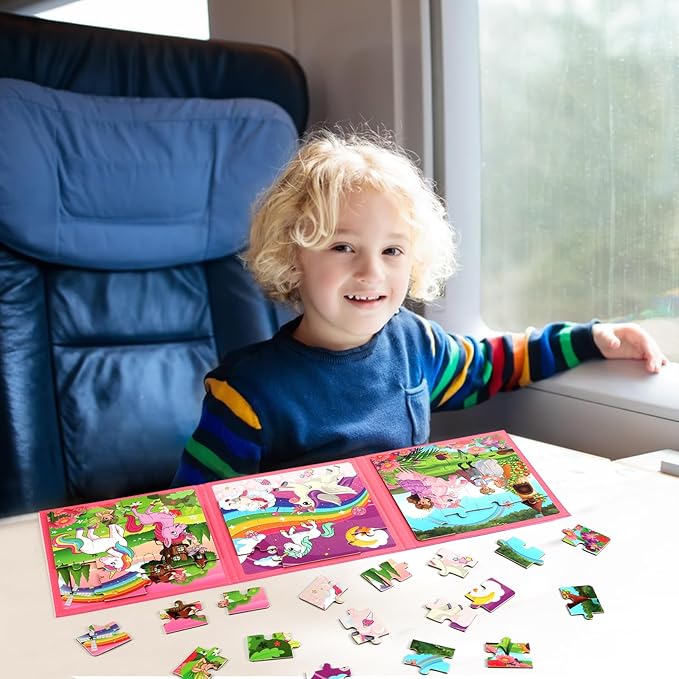 Magnetic Puzzles for Kids Ages 4-6, 20-Piece Toddler Travel Toys Unicorn Princess Puzzles Ages 3-5, Educational Learning Magnets, Ideal Road Trip Activities Toys for 3 4 5 6 Boys and Girls