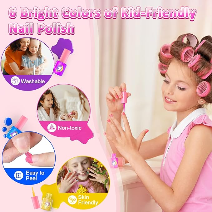 Kids Nail Polish Set for Girls, Nail Art Kit with Nail Dryer & DIY Nail Stickers, Nail Kit Toys for Girls with Non-Toxic Nail Polish,Age 3-12 Little Girl Gift Toys