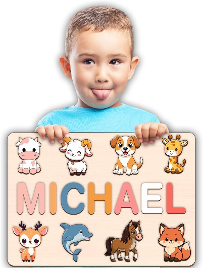LOVELYPOD Personalized Name Puzzle for Kids, Custom Name Puzzles for Toddlers 1-3 Animal Puzzle, Customized 1st Birthday for Girls & Boys Wooden Toys for Kids, for New Baby - Style 8