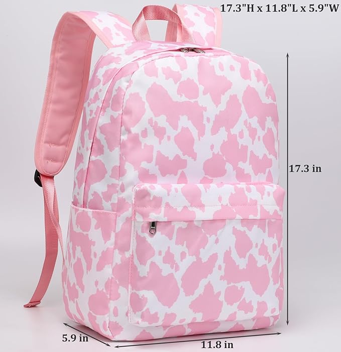 JIANYA Girls Backpack for School, Kids Elementary School Backpacks Water Resistant Pink Cow Print Backpack for Girls with Lunch Box
