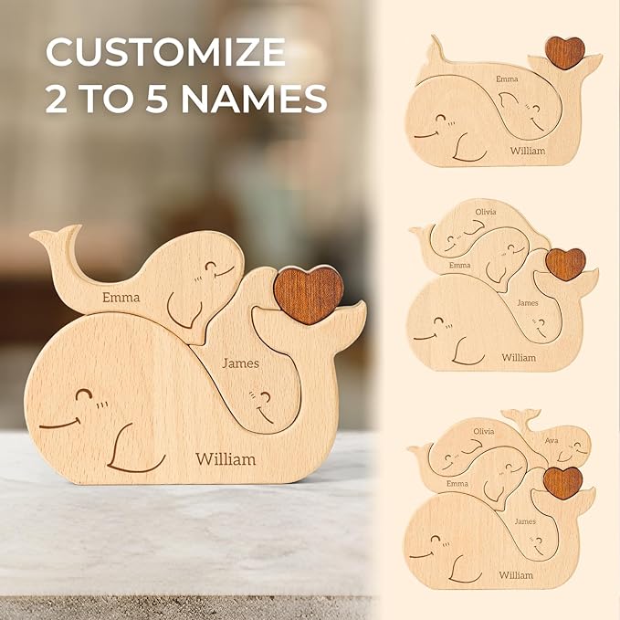 Wooden Whales Family Puzzle, Personalized Puzzles with 2-5 Names, Mothers Day Birthday for Women Men, Customized Home Decor Housewarming Gifts for Parents Couple
