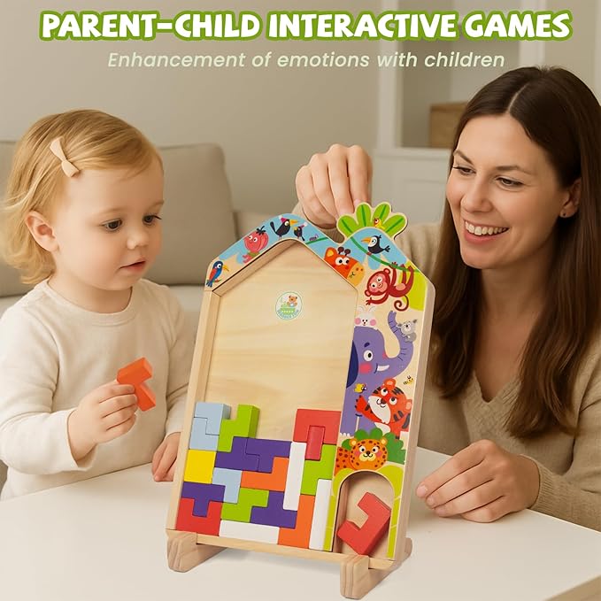 Wooden Puzzle Pattern Blocks Brain Teasers Game, 3D Russian Building Toy Wood Tangram Shape Jigsaw Puzzles Montessori STEM Educational Toys Gift for Kids