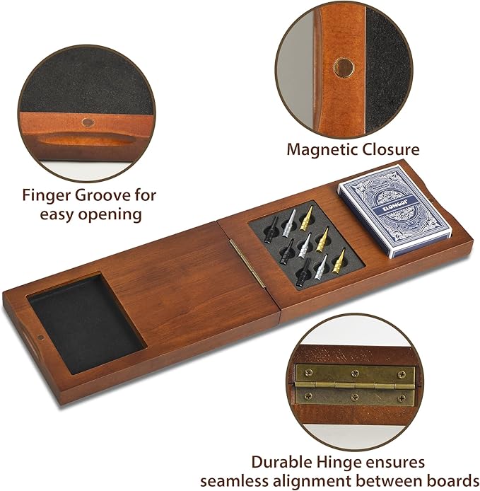 Foldable Wooden Cribbage Board Game Set, Portable Travel 3 Track Cribbage Board with Magnetic Closure,9 Metal Pegs,A Deck of Cards - Family Board Games for Kids and Adults