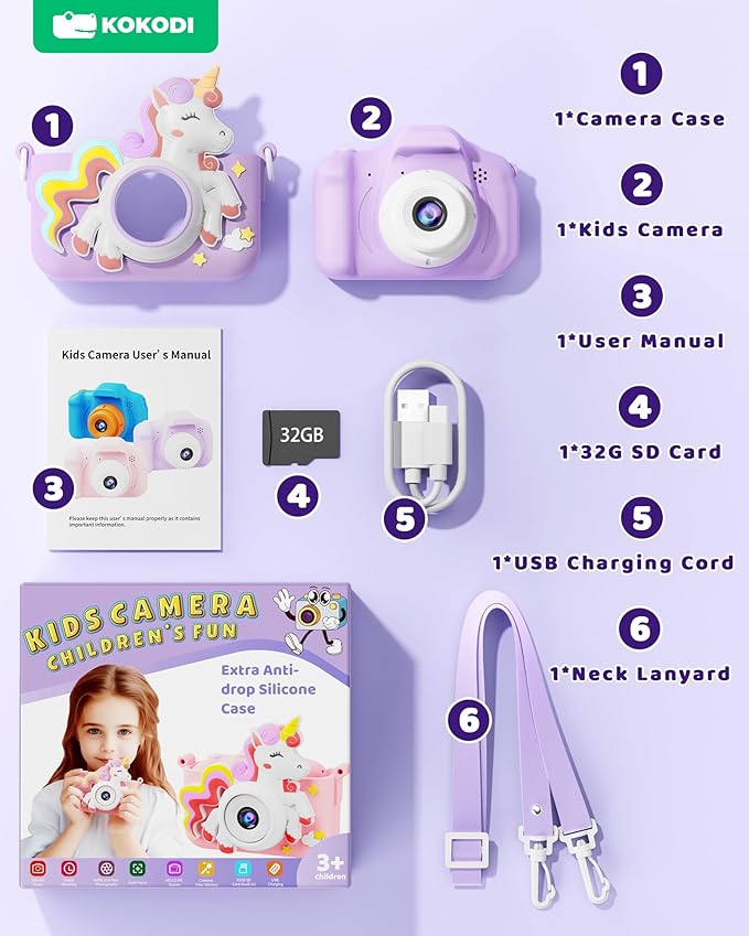 KOKODI Kids Camera Toy Digital Camera for Kids, Birthday Gifts for Girls Age 3-12, 1080P HD Video Camera for Toddler, Unicorn Children Toys for 3 4 5 6 7 8 9 Year Old Girls with 32GB SD Card (Purple)