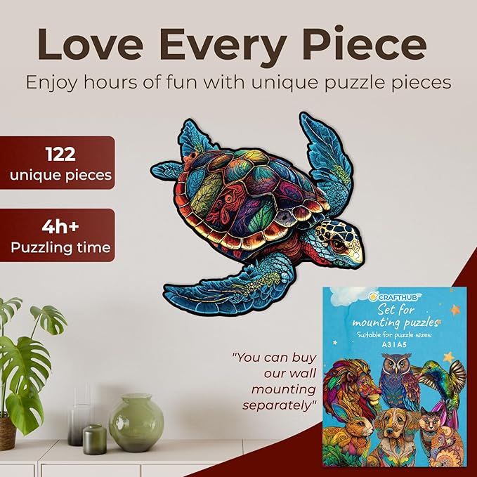 CRAFTHUB Animal Wooden Puzzles for Adults – A3 Vibrant Sea Turtle with 122 Pieces – Jigsaw Puzzles with Unique Animal Shapes – 10.7" x 10.3"