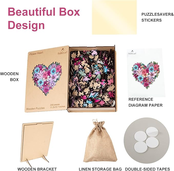 Ruikiyart Wooden Puzzles for Adults, 5MM 200 Pieces Heart Flower Wooden Jigsaw Puzzles, Unique Shapes Puzzles Great Gift for Adults and Kids on Birthday, Christmas (11.2"x10.7")