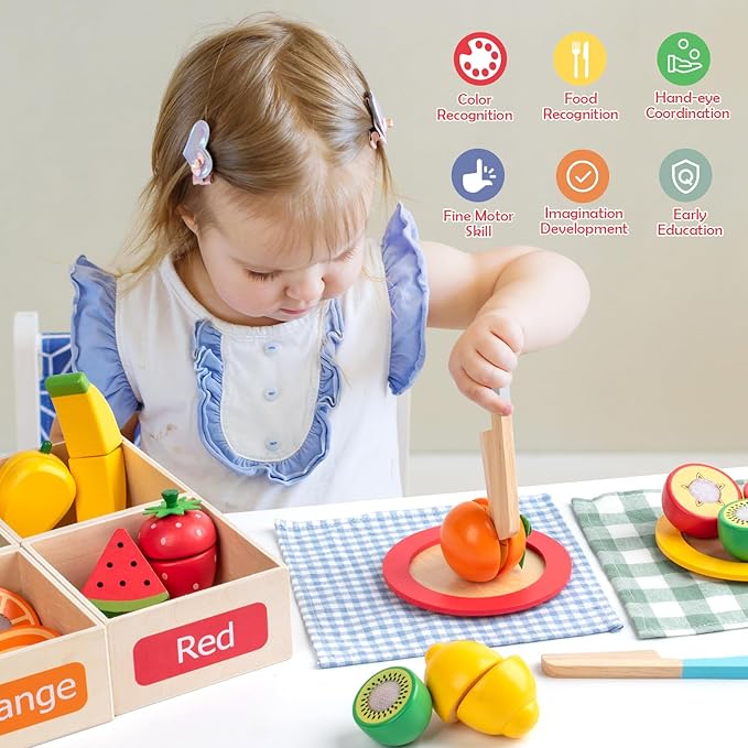 Wooden Play Food Sets for Kids Kitchen Accessories, Velcro Fruit and Veggies Cutting Set for Kids, Pretend Play Food for Toddlers, Montessori Color Sorting Toys for Girls Boys