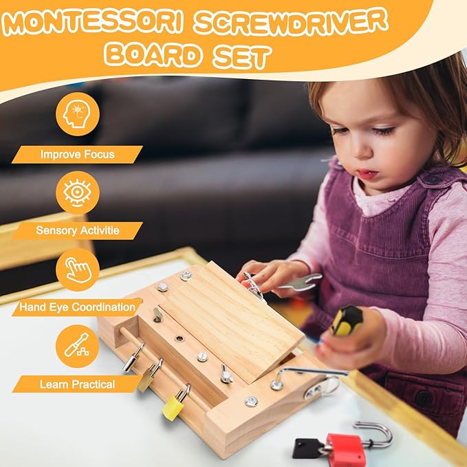 Screwdriver Board-Montessori Toy Lock and Key Toy Set for Kids, Storage Wooden Tools Preschool Sensory Toys for 3 +Year Old