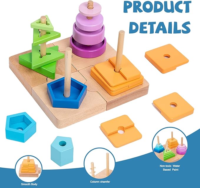 Adena Montessori 4-in-1 Shape Color Sorting Toy for Toddlers - Wooden Educational Toy With Detachable Bases, Gradients of Colors and Shapes for 12-18 Months