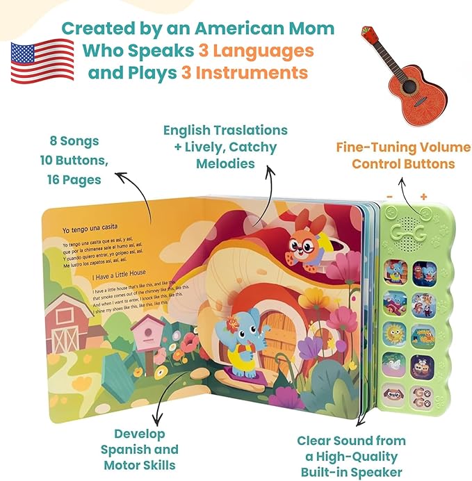 GO GO Spanish Musical Book Vol. 2: Bilingual Baby Books Spanish English, 8 Songs, Libros En Español para Niños, Bilingual Toys, Learning Toys for Toddlers