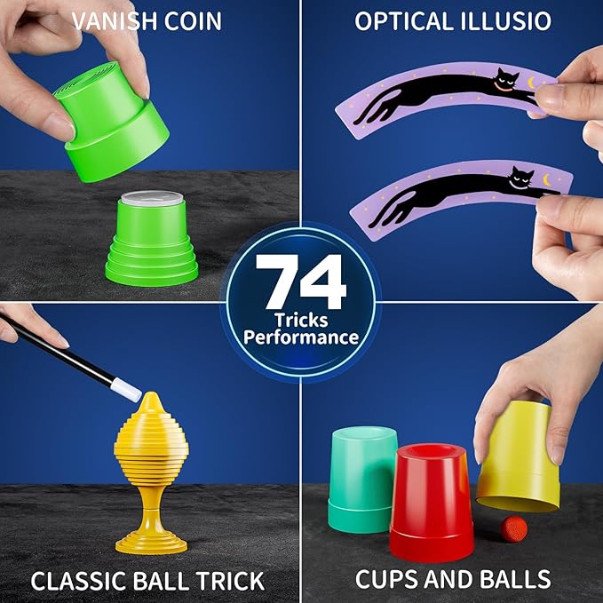 Magic Kit for Kids - 74 Magic Tricks Performance with Manual and Videos, Magic Gift Set for 6+ Years Old Beginner Magicians, Perfect for Halloween Christmas Birthday Parties & Family Fun