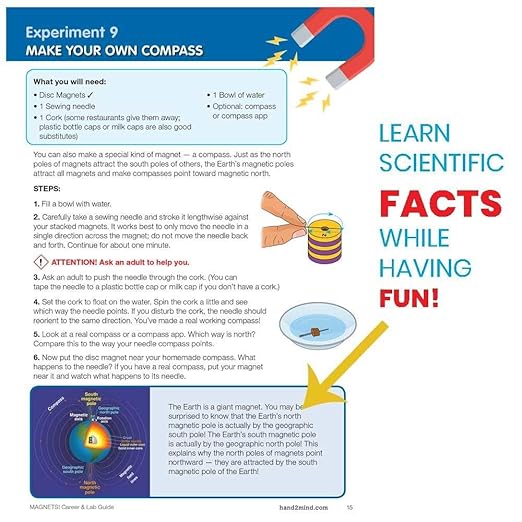 hand2mind Magnetic Science Kit for Kids 8-12, Kids Science Kit with Fact-Filled Guide, Make Magnets Float and Build a Compass, STEM Toys, 9 Science Experiments
