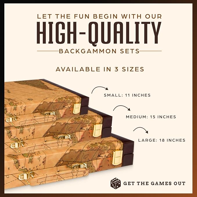 Get The Games Out Top Backgammon Set - Travel Backgammon Sets for Adults - Small Travel Size Classic Backgammon Board Game Case - Includes Strategy Guide & Full 15 Pieces (Map Edition, Small)