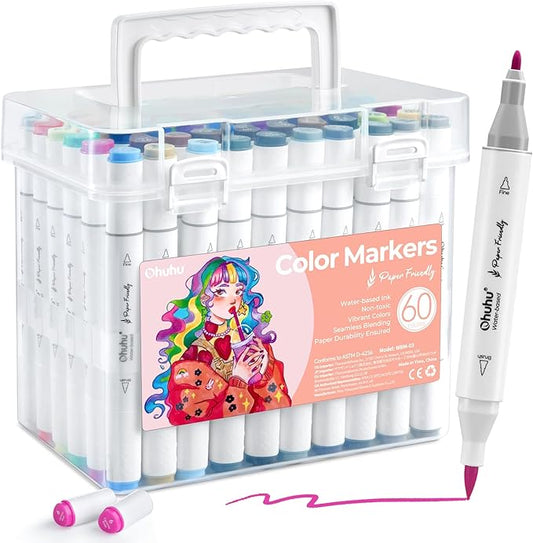 Ohuhu Markers Paper-friendly No Peeling Water-based 60 Colors Dual Brush Fine Tips Coloring Markers for Adult Coloring Books No Bleeding Drawing Pens for Kids Adults Beginner Calligraphy