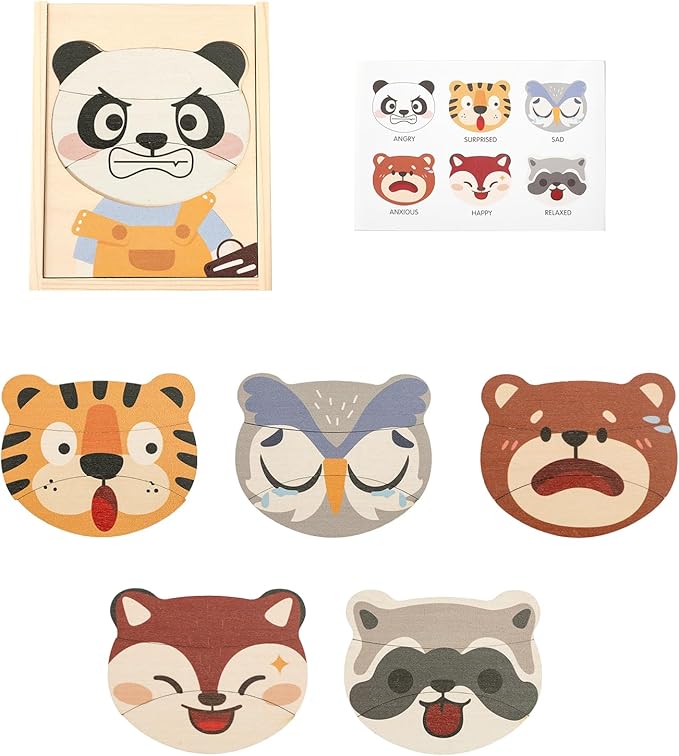 Wooden Animal Jigsaw Puzzles for Toddlers, Emotion Recognition with Expressive Animal Faces - Natural Wooden Pieces for Shape Matching, Early Learning & Fine Motor Skill Development