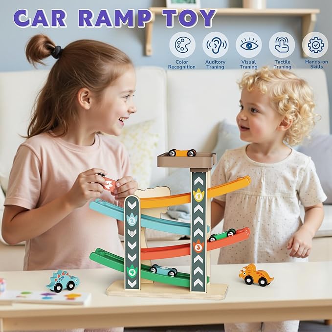 Montessori Toys for 1 Year Old, Car Ramp Track Toy for Toddlers 1-3, Wooden Toy Race Track with 4 Mini Cars, 2 Dinosaur Cars, 4 Ramps, Gift for Boys Girls Christmas Birthday