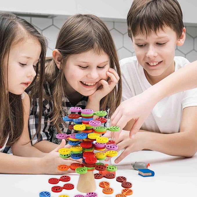 Wooden Colorful Stacking Tree Toy, Building Blocks for Kids Boys and Girls, 56 PCs Wood Balancing Blocks Montessori Toy Gift for Kids Age 3+