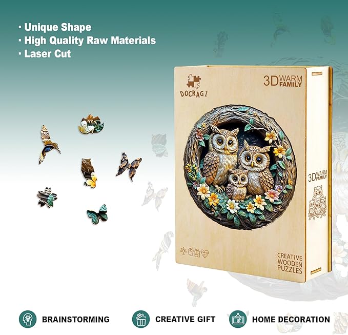 Wooden Puzzles for Adults - Owl Family Wooden Jigsaw Puzzle - Unique Shape 3D Vision Wood Puzzles Adult - Christmas Birthday Gifts for Adults/Friends/Family - 300pcs 13.4 * 13.1in