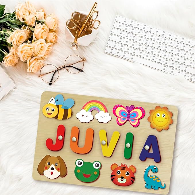 Custom Name Puzzles for Toddlers 1-3 - Name Puzzle for Kids, Personalized Wooden Animal Puzzle, Baby Gifts, Baby Shower, Christmas, Newbaby Gift, Gifts for 1 2 3 Years Old (Animal-Name -01)