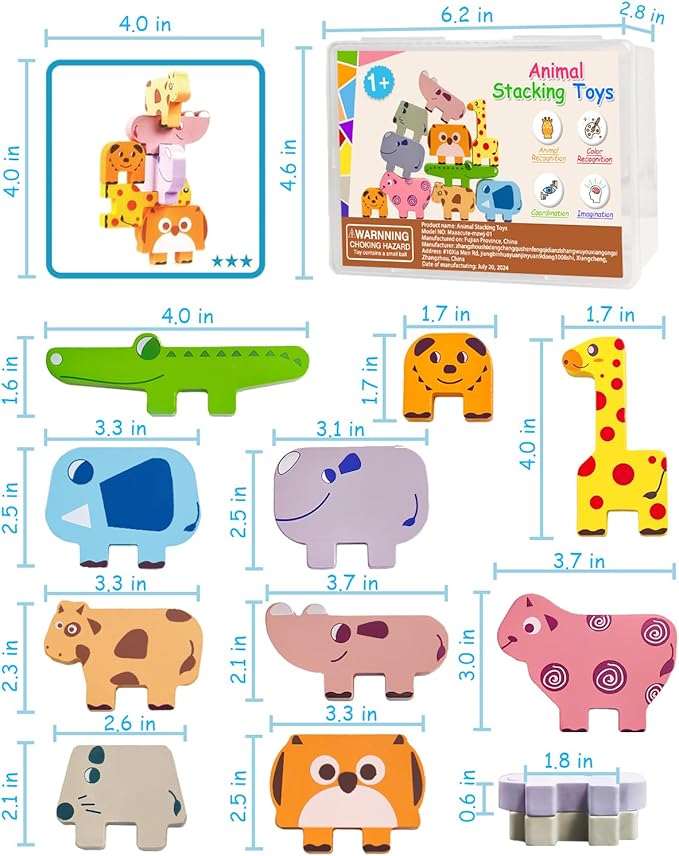 Montessori Toys for 1 2 3 4 Year Old Boys Girls, Toddler Toys Age 2-4, 10 Pack Wooden Animal Blocks Sorting & Stacking Education Toddler Puzzles Toy,1 2 3 4 Year Old Girl Boy Birthday Gifts