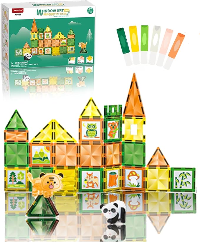 Magnetic Tiles - 47 Pcs Wildlife Building Blocks Set - Sensory Travel Toys for Toddler - STEM Construction Playboards Stacking Toy - DIY Window Art - Birthday Gifts for Boy, Girl