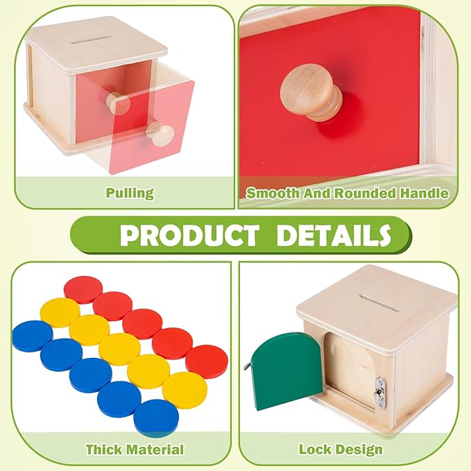 Adena Montessori Coin Lock Box,2 in 1 Object Permanence Box Toys for 1 Year Old Baby Coins,Wooden Mechanisms Help Develop Probelm Solving Skills Toys for 6-12 Month Infant Toys,Learning Kids Gifts