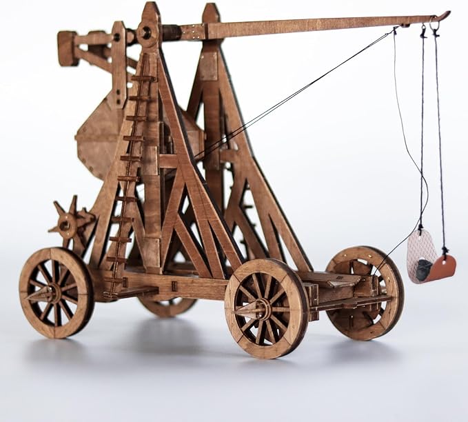 YAQUMW The Mini Counterweight Trebuchet with Four Wheels Europe Medieval Siege Weapon DIY 3D Wooden Puzzle Mechanical Model Kits STEM Projects Tabletop Toys