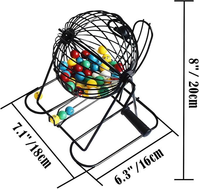 Yuanhe Complete Bingo Game Set - Includes 8" Metal Round Cage with Big Storage Bag,100 Bingo Cards,1000 Colorful Chips,75 Colored Balls and Masterboard, Ideal for Large Groups