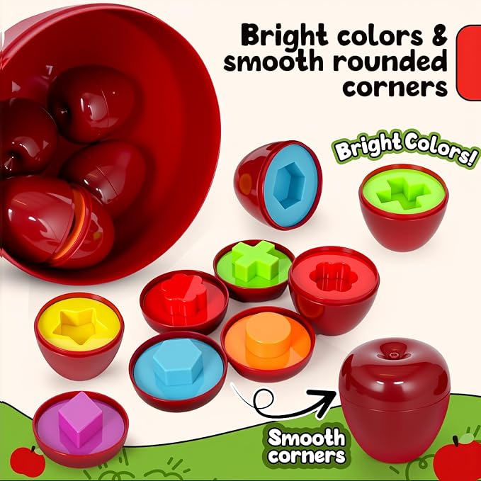 Montessori Geometric Apple Shape Sorter Toys for Toddlers 1-3,Montessori Preschool Educatioanl Learning Color Sorting Matching Games Fine Motor Toddler Activities Toys for Kids Boys Girls