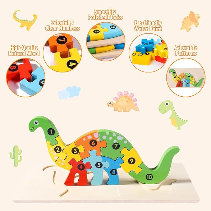 4-Pack Wooden Puzzles for Kids Ages 3-5, 3 Dinosaurs and an Animal Puzzles, Ideal Gift for Toddler