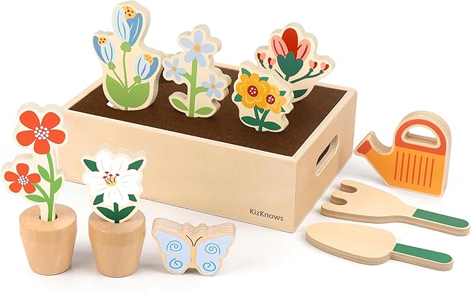 Wooden Toy Flower Garden Set Natural Gardening Toy Playset for Toddlers Pretend Play Blossom Flowerpot Educational Learning Toy for Girls Boys 3 Years and Up