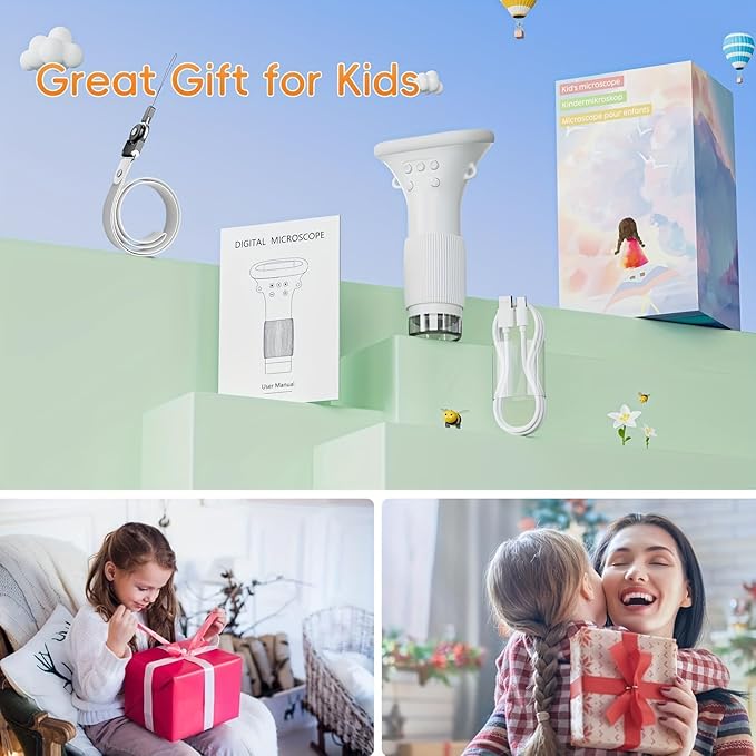 Kids Handheld Microscope 100X-1000X Magnification, Portable Pocket Microscope for Kids Ages 4-12 with Built-in Storage, LED Lights & PC Connection