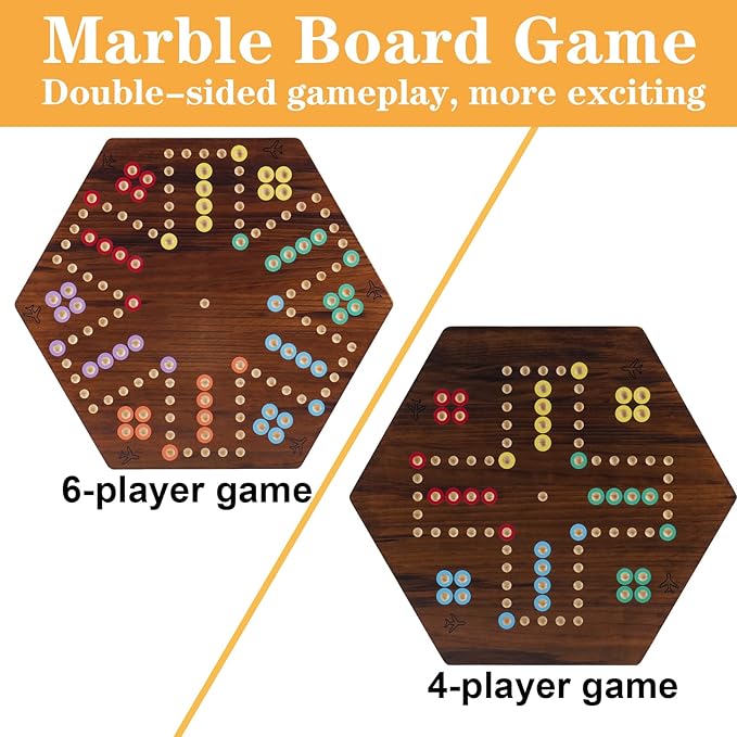 Extra Large Wahoo Board Game Wooden Original Board Game 2 Side Painted Fast Track Game for 4 Player and 6 Player with 30 Marbles,6 Dices for Family Game Night (Brush Paint Burn Color)