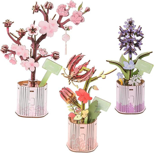 Insgen 3D Wooden Flower Puzzle for Adults, 3 Flowers Bouquet Building Sets, Wooden Flower Kit DIY Botanical Art Craft Model Kit Home Décor for Lovers Nature Enthusiasts