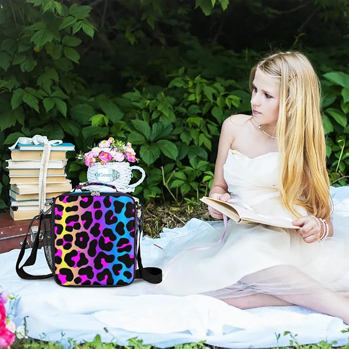 Rainbow Leopard Lunch Bags with Shoulder Strap Cheetah Print Insulated Lunch Boxes for Kid Girls Women Waterproof Thermal Cooler Tote Bag Portable Picnic Bag for School Work Outdoor Gifts