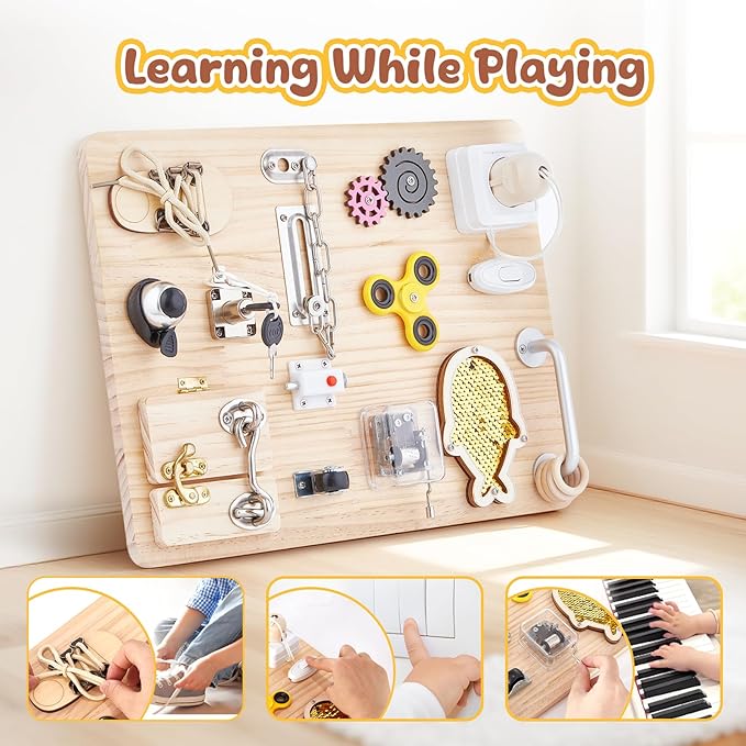 Wooden Montessori Large Busy Board for 1 2 3 4 Year Old, Sensory Activity Busy Board for Toddler Kids Baby Boys Girls, Travel Educational Toy for ADHD & Autistic Children