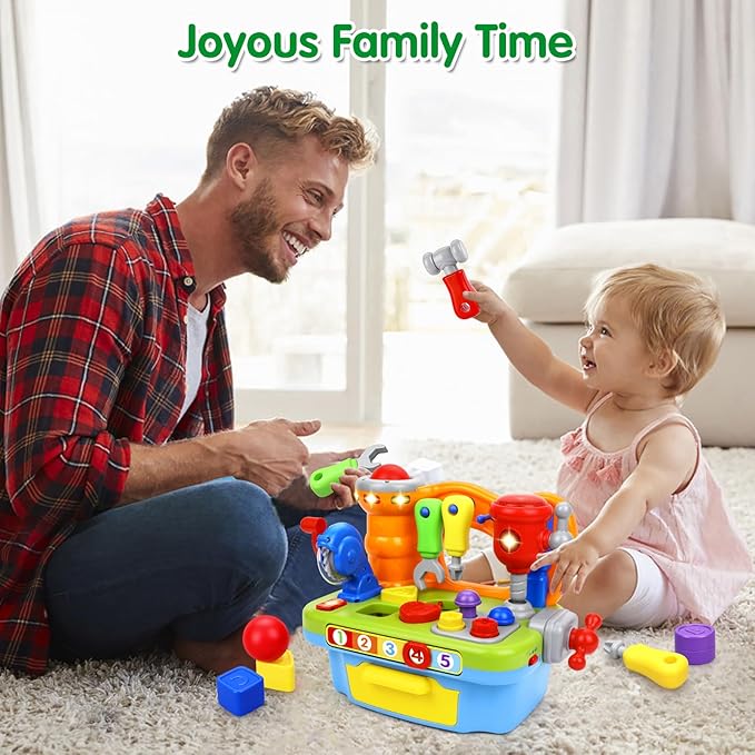 Toys for 1 Year Old Boy, Musical Toddler Tool Bench, Montessori Educational Toys with Sound Lights Effect, Shape Sorter, One Year Old Boy Birthday Gift, Engineer Pretend Play Workbench