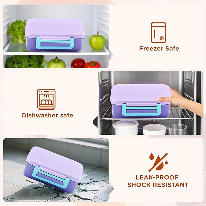 MAISON HUIS Kids Bento Box Set - Includes 8oz Soup Thermo, Insulated Lunch Bag & 17oz Stainless Steel Water Bottle, 5-Compartment Bento Box with Built-In Ice Pack, Leak-Proof & BPA-Free(Purple)