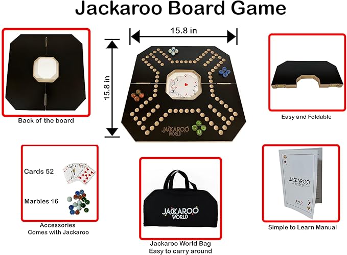 Jackaroo Board Game - 2-4 Player Cards and Marbles Board Games - Marble Strategy Game - Carbles Game - Marbles and Jokers Board Game Wooden Wahoo Board - Dirty Marble Wood Strategy Games (Black)