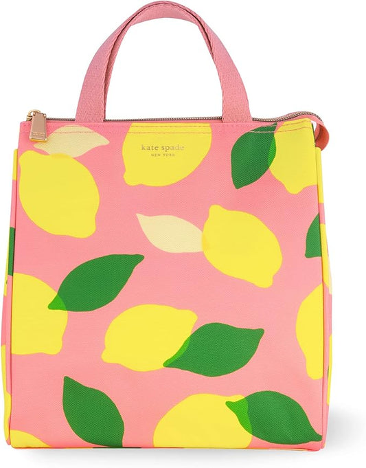 Kate Spade New York Portable Soft Cooler Lunch Bag, Small Insulated Tote, Thermal Lunch Bag with Silver Insulated Lining and Storage Pocket, Lemon Toss