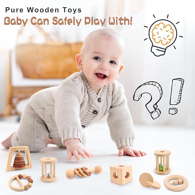 Wooden Baby Toys, 8PCS Wood Montessori Toys for Babies 18-36 Months, Wooden Baby Rattles Set for Grasping, Sensory Development and Cognitive Growth, Gift for Infant Girls Boys